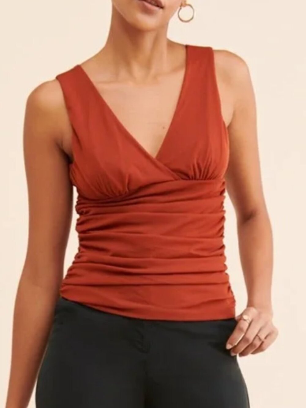 Anthropologie Double V Ruched Mesh Sleeveless Top Rust | Medium